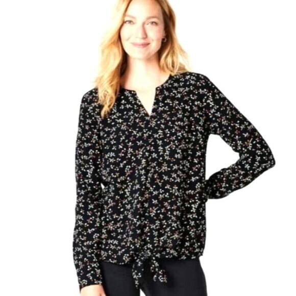 J. Jill Pink Ribbon Cheerful Leaves Tie-Front Blouse Top Black Size Medium EUC - Picture 6 of 6